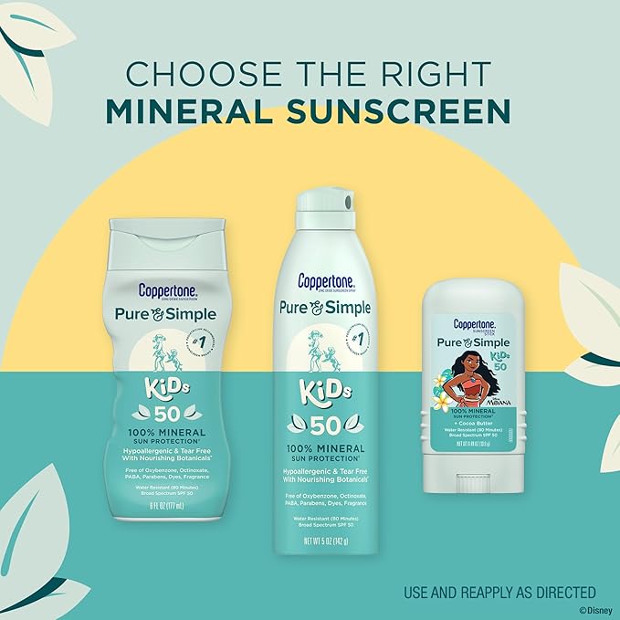 Coppertone Pure and Simple Kids Exclusive Disney Moana Sunscreen Stick SPF 50,Hypoallergenic,Mineral Sunscreen for Kids,Water Resistant,Oxybenzone and Octinoxate Free,0.49 Oz Stick,(Pack of 2)
