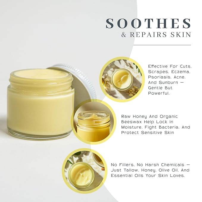 Vanman's Tallow and Honey Balm (3 Pack) - Tallow Face Moisturizer with Pure Grass-Fed/Finished Beef Tallow for Skin and Essential Oils, Organic Raw Honey and Beeswax, Cold Pressed Olive Oil - 2 oz