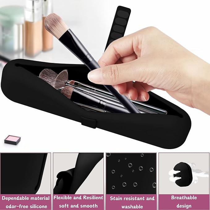 Silicone Makeup Brush Holder Travel Case No Odor Nylon Strap Closure | Water-Resistant Brush Organizer for Travel Makeup Brushes Storage-Black