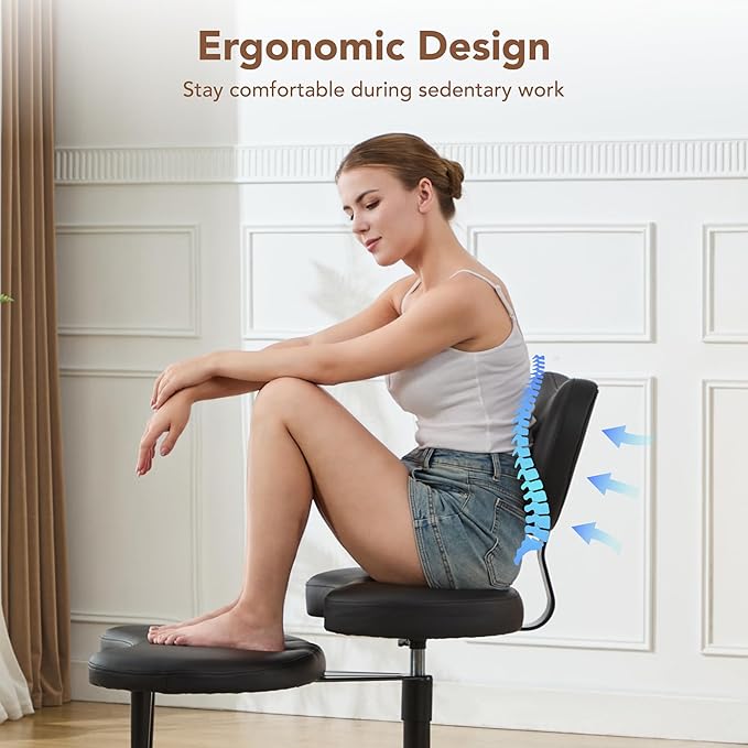 Ergonomic Cross Legged Chair with Wheels,360° Swivel Meditation Chair,ADHD Chair, Criss Cross Desk Chair with Lumbar Support and Adjustable Stool, Flexible Design for Fidgety Sitters, Black PU