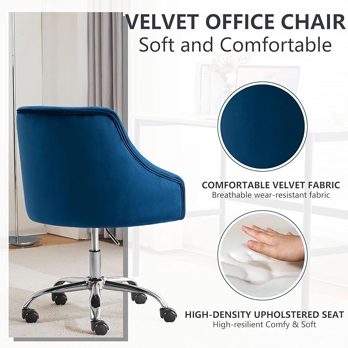 MOJAY Velvet Office Swivel Chair, Vanity Fabric Desk Pretty Fancy Gold Office Chairs for Girls, 360°Swivel Height Adjustable Reception Chair (Navyblue)