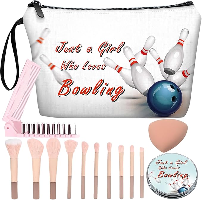 Personalized Bowling ball Makeup Bag set with Mirror for girls,Cosmetic bag set for Bowling Party Favors with10 pieces pink brush kit,Bowling lovers Gifts for Women Mom femal Friends