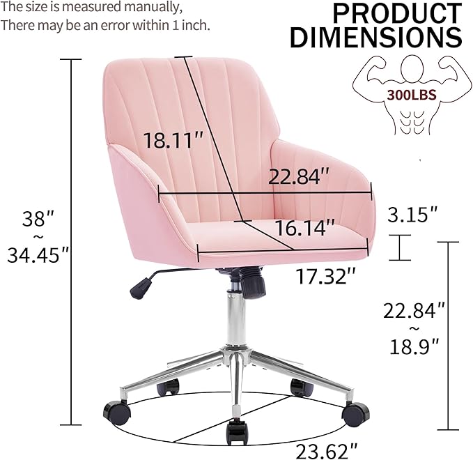 YITAI Velvet Office Desk Armchairs with Silver Base and Wheels,Modern Height Adjustable 360 Degree Swivel Upholstered Vanity Chairs for Living/Room Bedroom/Study,Pink