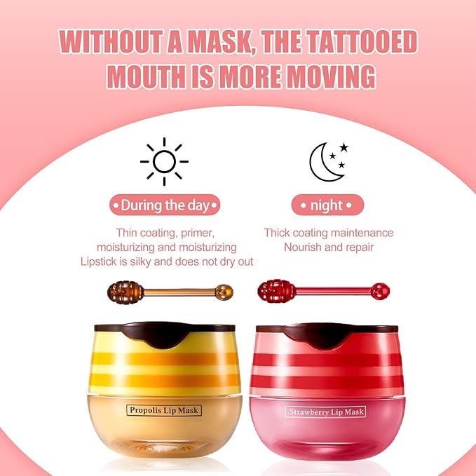 2 Pcs Lip Balm Honey Pot, Honey & Strawberry Moisturizing Lip Mask Reduces Lip Lines, Prevention Dry and Cracked Lip Scrubs Exfoliator. (Honey & Strawberry)