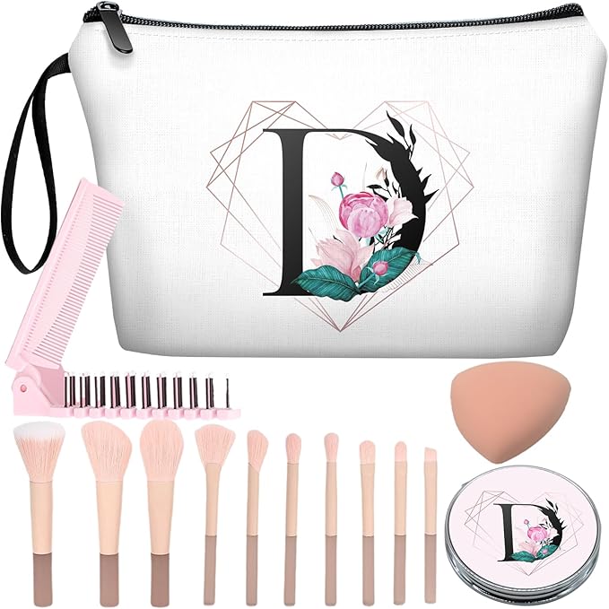 Personalized Initial D floral Makeup Bag set with Mirror for Women,White Ietter Bride Bridesmaid travel Cosmetic bag kit with10 pieces pink brush set,Initial Gifts for Girls Mom femal Friends