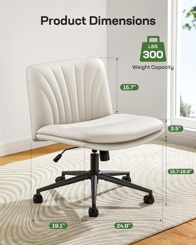 Marsail Armless-Office Desk Chair with Wheels: PU Leather Cross Legged Wide Chair,Comfortable Adjustable Swivel Task Chairs for Home,Office,Make Up,Small Space,Bed Room(Light Beige)
