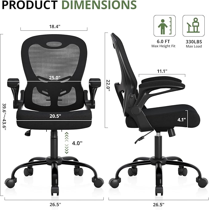 Office Chair 330 lbs Capacity, Ergonomic Breathable Mesh Desk Chair with Lumbar Support & Flip-Up Armrest, High Back Computer Chair for Home Office, Black