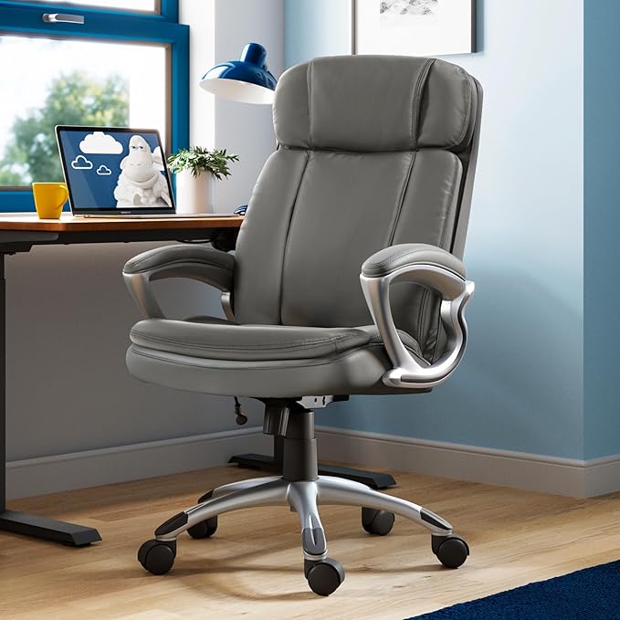 Serta Fairbanks Big and Tall Executive Office Chair - Ergonomic High Back Computer Desk Chair with Lumbar Support, Memory Foam Seat Cushion, Padded Armrests, Bonded Leather, 350 lb Capacity - Gray