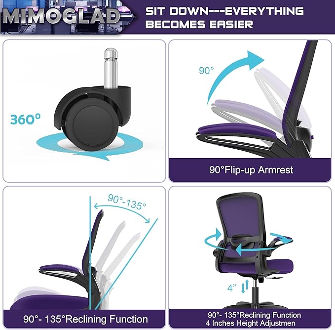 Mimoglad Office Chair, Ergonomic Desk Chair with Adjustable Lumbar Support, High Back Mesh Computer Chair with Flip-up Armrests- Task Chairs, Executive Chair for Home Office