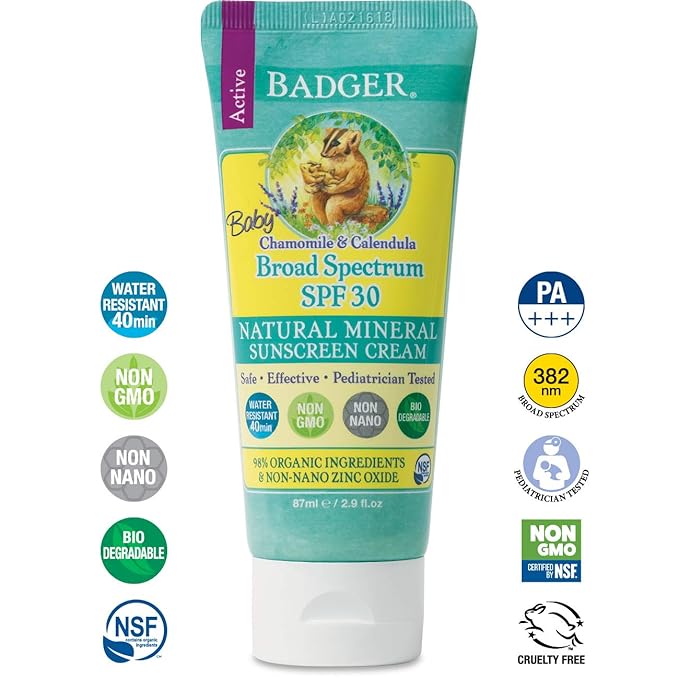 Badger - SPF 30 Baby SunscreenCream with Zinc Oxide - Broad Spectrum & Water Resistant, Reef Safe Sunscreen, Natural Mineral Sunscreen with Organic Ingredients 2.9 fl oz