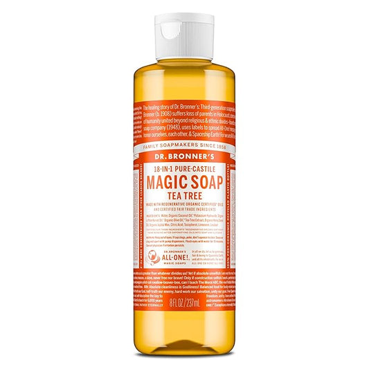 Dr. Bronner's Pure-Castile Magic Soap Liquid (Tea Tree, 8 Ounce) – Made with Regenerative Organic Oils, 18-in-1 Uses for Face, Hair, Laundry, Dishes, Hand Soaps & Body Wash – Natural, Vegan, Non-GMO