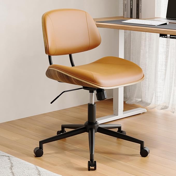 Armless Office Chair with Wheels, PU Leather Adjustable Height Desk Chair, 360° Swivel Ergonomic Computer Chair for Small Space, Modern Walnut Style, Home Office & Meeting Room, Brown