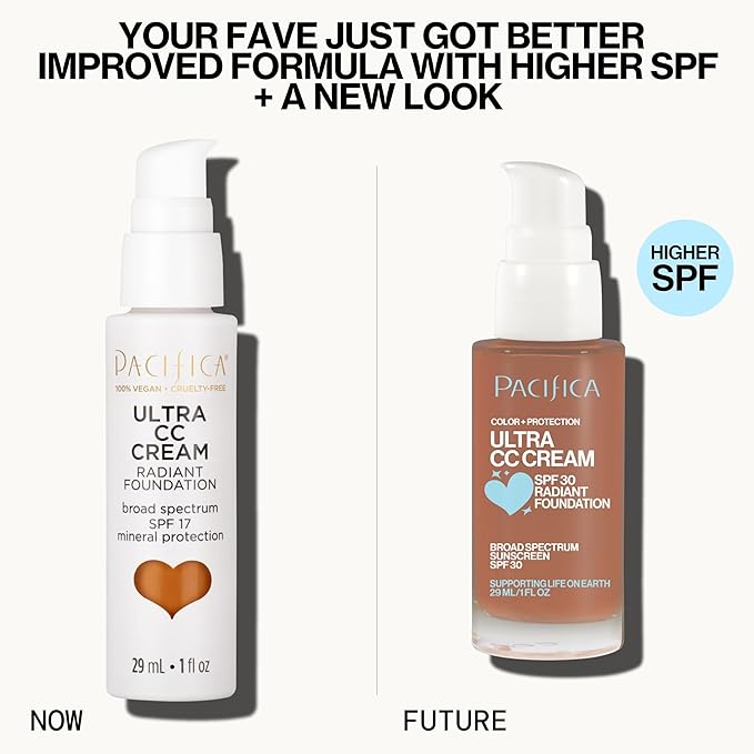 Pacifica Ultra CC Cream Radiant Foundation SPF 17 - Warm-Tan – Medium Coverage Color Correcting Foundation, Dewy Finish, Mineral SPF, 1 oz