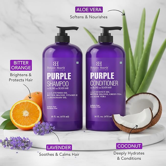 Botanic Hearth Purple Shampoo And Conditioner Set | For All Shades Of Blonde, Silver And Gray Hair | Enhances Highlights | Sulfate Free, Paraben Free, 16 Fl Oz Each