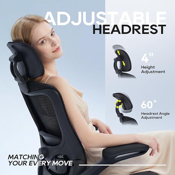 Ergonomic Office Chair, High Back Mesh Desk Chair with Adjustable Lumbar Support & Headrest, Flip-up Armrest, Computer Task Chairs for Home and Executive Office (B-Black)
