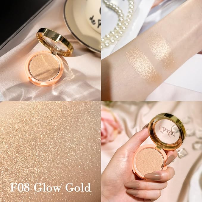 Oulac Highlighter Makeup Blush| 2 in 1 Powdery Cream Texture Blush & Highlighter| Golden Hour Makeup Bronzer Illuminating | Rich Colors &Blendable | Vegan & Cruelty-Free| F08 Glow Gold 4.8g