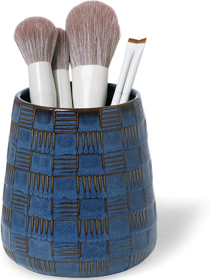 Ceramic Makeup Brush Holders, Bathroom Vanity and Countertop,Make up Brushes Cup for Cosmetics, Lipsticks, Bathroom Vanity Desktop Storage (Vintage Blue)