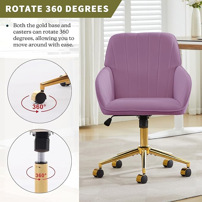 Velvet Home Office Desk Chair, Modern Cute Computer Task Chair with Back, Height Adjustable Upholstered Vanity Chair with Swivel Wheels for Women, Girls (Gold Base, Light Purple