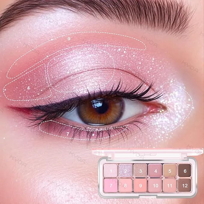 KYDA 12 Colors Pink Candy Eyeshadow Palette with Brush, High Pigment Matte Shimmer Pink Eye Shadow, Netural Eyes Palette for Women, Soft Blendable Powder Eyeshadow, Korean Eyes Makeup