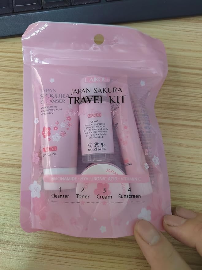Sakura Travel Skincare Set for Teenage Girls,4 Pcs/Set Sakura Skin Care Set With Cleanser, Toner,Face Cream and Sunscreen,Travel Essentials for Women-Cleansing,Hydrating and Sun Protection