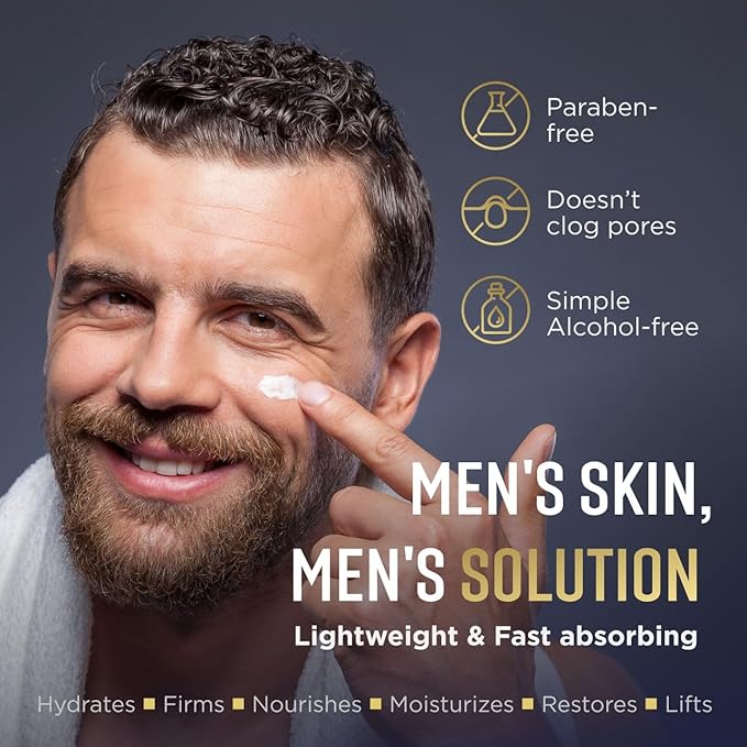 Mens Face Moisturizer - Deep Hydrating & Anti Aging Mens Lotion | Made in Europe | Vitamin C+E, Elastin, Hyaluronic 4D - Face Cream for Daily Use - Eye, Face & Neck Skin Care