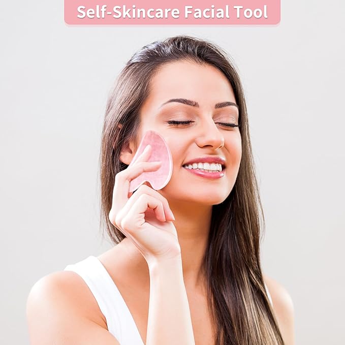 Gua Sha Facial Tools, Natural Rose Quartz Guasha Tool for Face, Double Chin & Jawline, Gua Sha Stone Self-Skin Care Face Stone Gua Sha Tools for Women, Pink