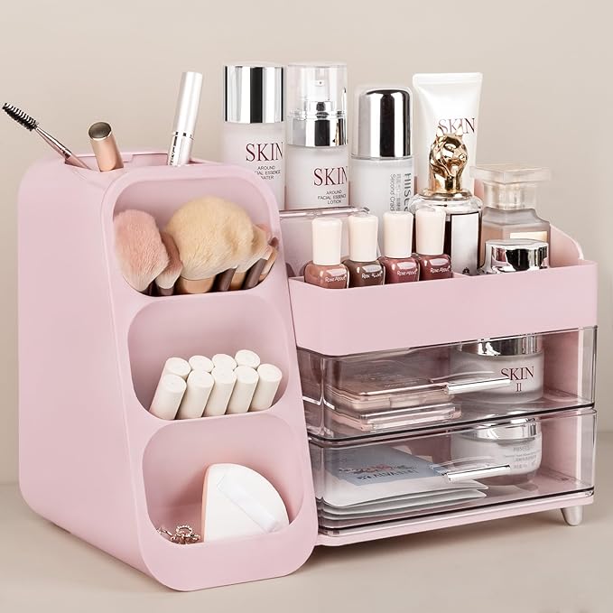 Anyoifax Makeup Organizer Countertop with Large Drawers, Vanity Organizer with Brush Holder, Skin Care Storage for Dresser, Perfume Organizer for Lotion, Lipsitck, Palette, Pink