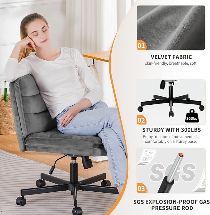 COMHOMA Cross Legged Office Chair with Wheels Armless-Office Desk Chair, Modern Vanity Computer Task Chairs for Home Bedroom, Comfortable Wide Seat for Lower Back Pain Relief, Soft Velvet, Gray