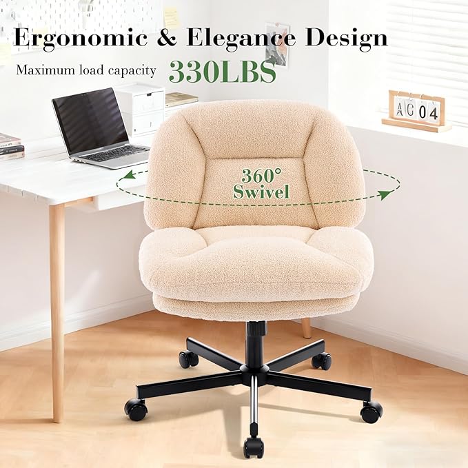 Criss Cross Chair, Thick Cushioned Ergonomic Cross Legged Office Chair with Wheels, Armless Swivel Vanity Chair, Height Adjustable Wide Computer Desk Chair for Home and Office, Beige
