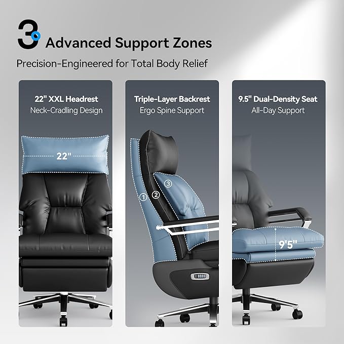 M80A Dual Motor Electric Executive Office Chair with Footrest, Comfortable Reclining Office Chair Wide Seat, Big and Tall Ergonomic Leather Home Office Desk Chair (Black,Multi-Functionality)