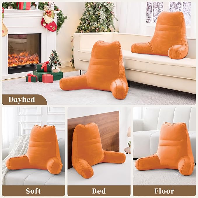 Sasttie Reading Pillow for Bed - 23 Inch, Back Pillow for Bed Sitting Up, Back-Rest Support Cushion with Side Pockets and Arms, Dorm Essentials, Oeko-Tex Certified, Orange