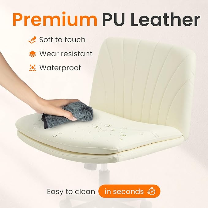 NEO Chair Criss Cross Chair with Wheels Armless Cross Legged Office Desk Wide Comfy Vanity Makeup Chair Adjustable Swivel Rolling Computer for Home Office PU Leather (Beige)