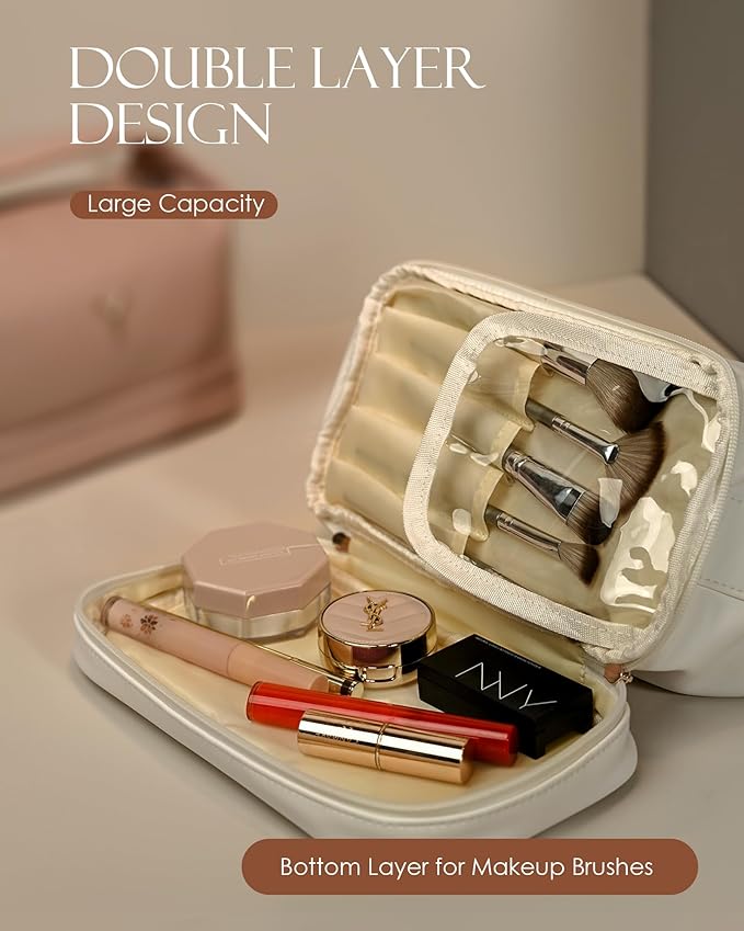 Gifts for Women, Personalized Makeup Bag with Handle, Initial Double Layer Cosmetic Bag with Makeup Brush Organizer, Cute Cosmetic Pouch for Women, Gift Ideas for Teen Girls