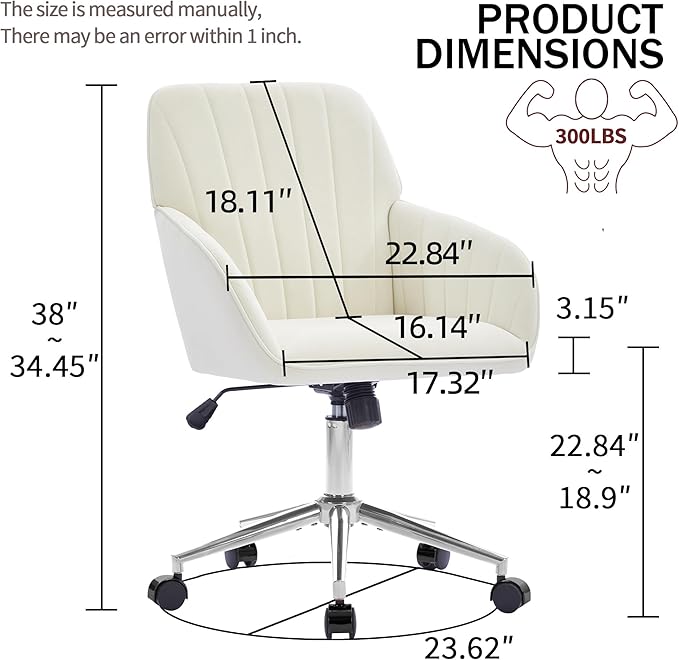 YITAI Velvet Office Desk Chair with Wheels and Silver Base,Modern Height Adjustable 360 Degree Swivel Upholstered Vanity Chairs with Arms for Living Room Bedroom, Study,White