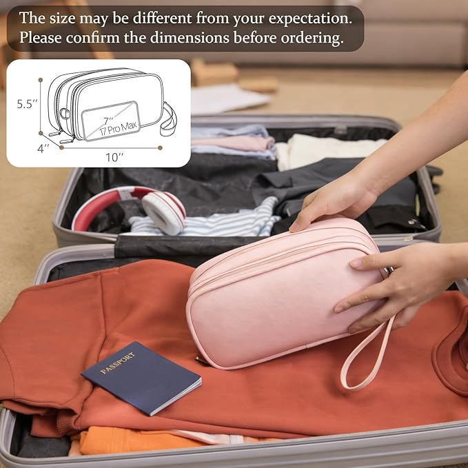 Makeup Bag for Women, Wide-open Makeup Organizer with Makeup Brush Holder, Waterproof Cosmetic Bag with Compartment, Portable Travel-Size Toiletry Bag for Traveling, Large Make Up Bag (Pink)