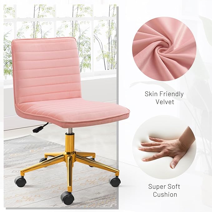 Furniliving Armless Vanity Chair with Wheels, Computer Rolling Desk Chair with Back, Pink Office Chair with Height Adjustable Soft Velvet Fabic Gold Metal Base Stool,Pink