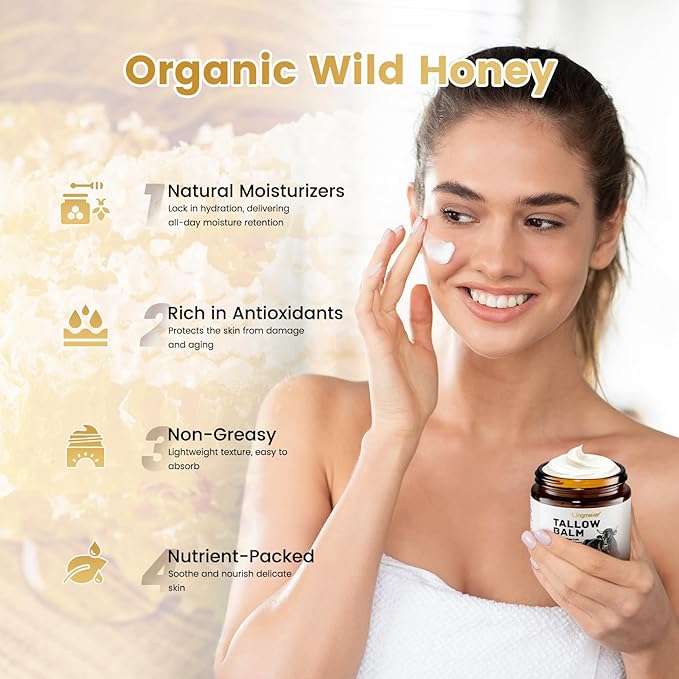 Whipped Beef Tallow and Honey Balm for Skin - Organic Grass Fed Beef Tallow for Face & Body - Natural Unscented Tallow Face Moisturizer for Sensitive Skin, Eczema & Dryness Relief (4 oz)