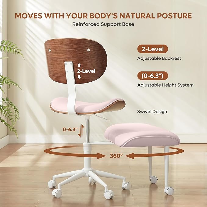 Bestier Ergonomic Cross Legged Office Chair for Women, Meditation Chair with Wider Back Support for Adults, 360° Swivel Office Chair with Wheels, Adjustable Height for ADHD Girl Pink PU Leather