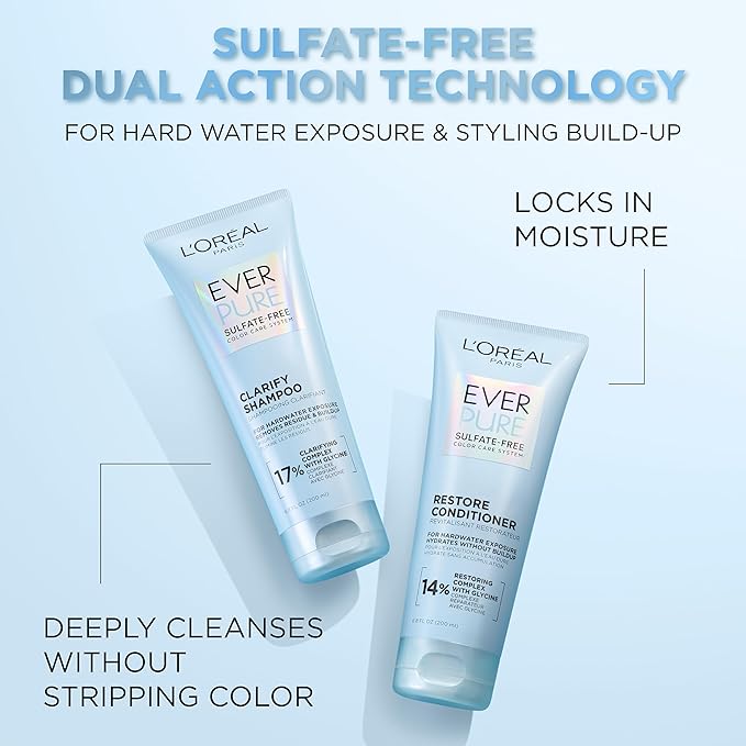 L'Oreal Paris Restore Sulfate Free Conditioner with Antioxidants, Moisturizing Conditioner for Hard Water Exposure and Styling Build-up, EverPure, 6.8 Fl Oz