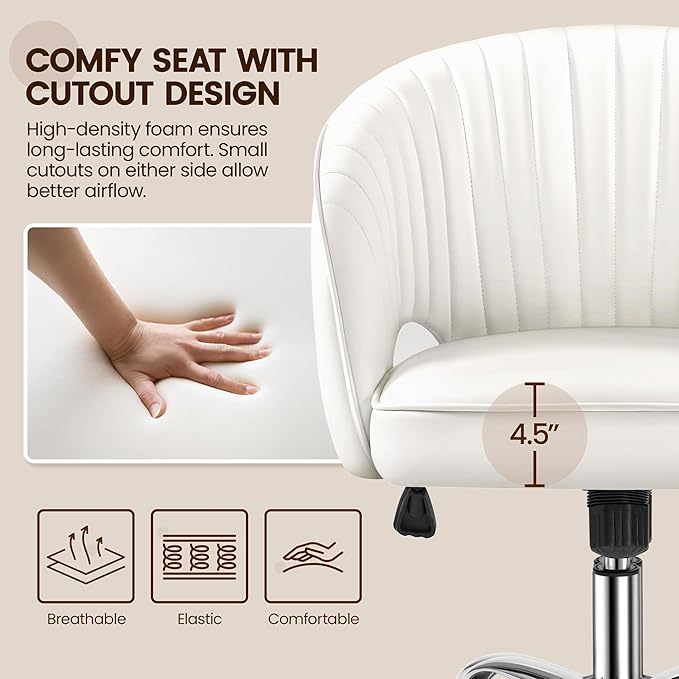 Yaheetech Home Office Chair, Faux Leather Desk Chair, Modern Swivel Chair with Tufted Barrel Back, Rolling Wheels for Office,Study, Vanity, Bedroom White
