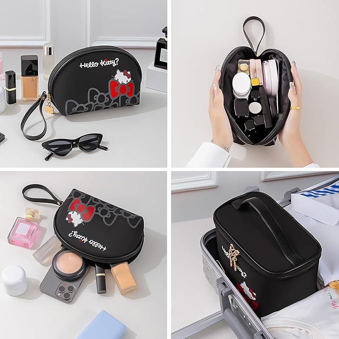 AmBealla Travel Makeup Bag Large Cosmetic Bags with Brush Holder,Black Waterproof 2PCS Portable Cosmetic Case for Women, Toiletry Storage Bag for Skincare & Beauty Tools for Girls