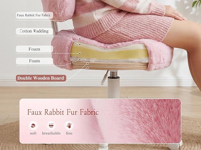 Vanity Chair with Wheels, Pink Desk Chair with Cute Bow Backrest, Fluffy Faux Rabbit Fur Small Office Chair for Vanity, Make-up Room, Bedroom, Dorm, Small Space, Height Adjustable, Pink