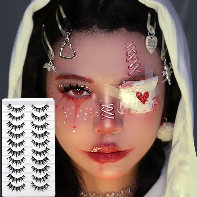 Manga Cosplay Lashes Manhua Anime Eyelashes Natural Look Thick Cat Eye Lashes Look Like Individual False Lashes Pack, 10 Pairs