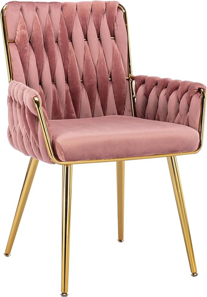 ABET Office Desk Chair No Wheels, Woven Velvet Vanity Chair with Back & Armrest, Comfy Upholstered Cute Gold Metal Legs Makeup Aesthetic Armchair for Girls & Women Bedroom, Nail Spa, Rose Red