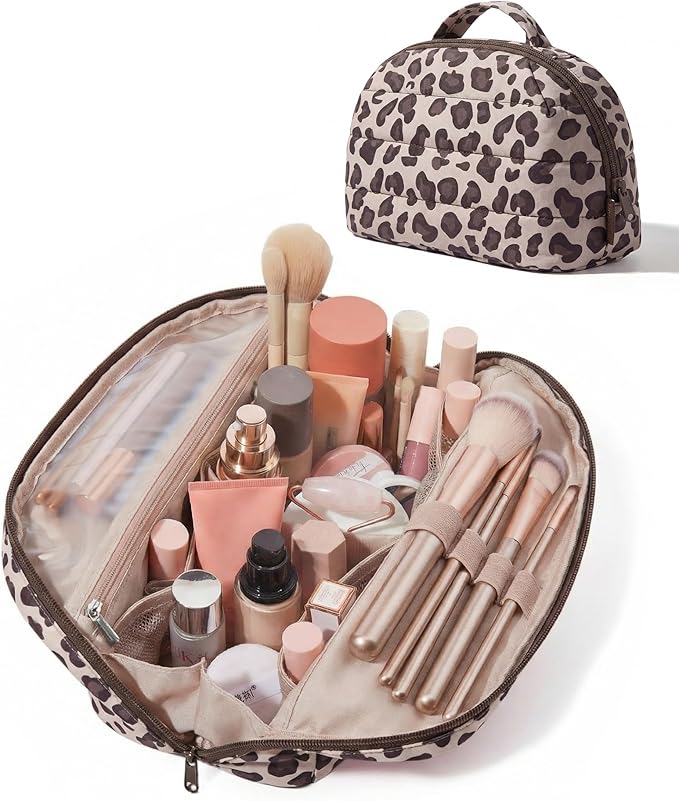 BAGSMART Travel Makeup Bag for Women, Portable Fold-down Cosmetic Case, Puffy Padded Make Up Organizer Pouch, Water-resistant Toiletry Bag for Toiletries, Brushes (Leopard Print)