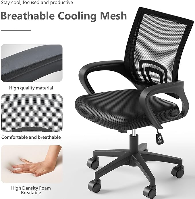 Home Office Chairs, Ergonomic Mid-Back Mesh Desk Chairs with Lumbar Support, Adjustable Swivel Rolling Design, Comfy Armrest for Work, Study, Gaming, Vanity, Black, 2 Pack