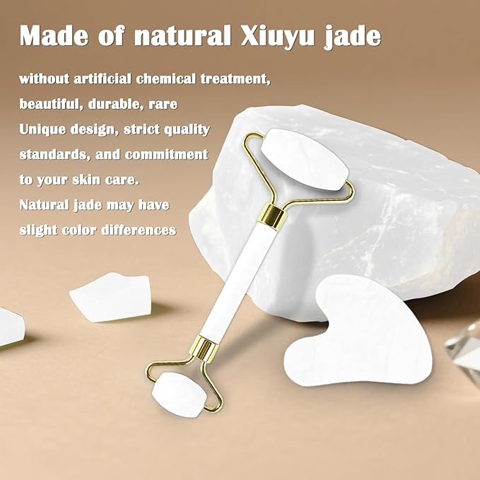 Jade Roller Gua Sha Tools – Nature Gua Sha Facial Tool Skin Tightening Face Massager Anti-Aging Jade Face Roller Puffiness Reducing Guasha Stone for Women Men 2-Color Pack(G/W)