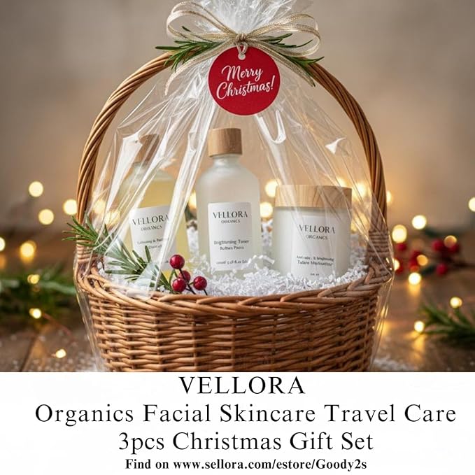 GOODY 2'S Vellora Organics Christmas Skincare Set – Exfoliating Cleanser, Brightening Toner & Anti-Aging Moisturizer Combo – Organic Skincare Trio