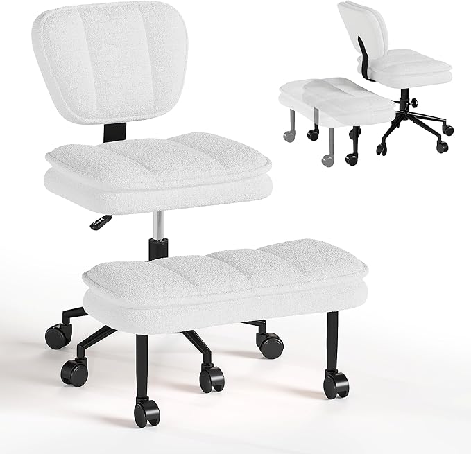 AODAILIHB Ergonomic Cross Legged Office Chair with Pull-Out Stool, 360° Swivel Teddy Fabric Meditation Chair with Wheels, Height Adjustable Kneeling Chair with Lumbar Support for Home Office, White