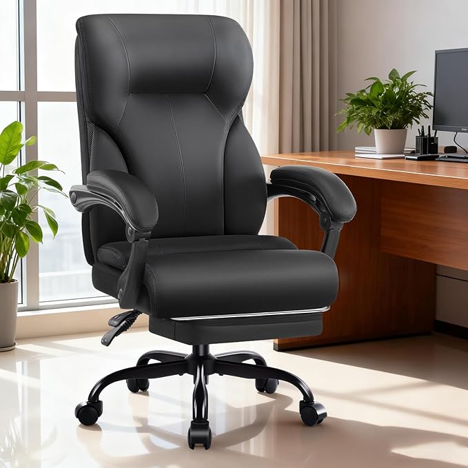 Executive Office Chair,High Back Ergonomic Comfy Desk Chair with Footrest and Padded Linkage Armrests,PU Leather Heavy Duty Computer Swivel Rolling Task Chair for Home Office,Adults,Black